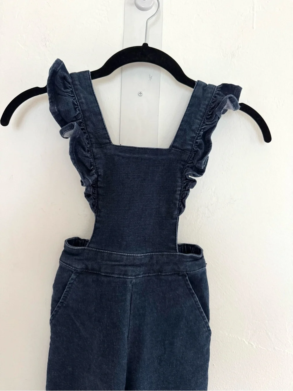 Hanna Andersson Ruffle Jumpsuit In Stretch Denim Blue Cotton